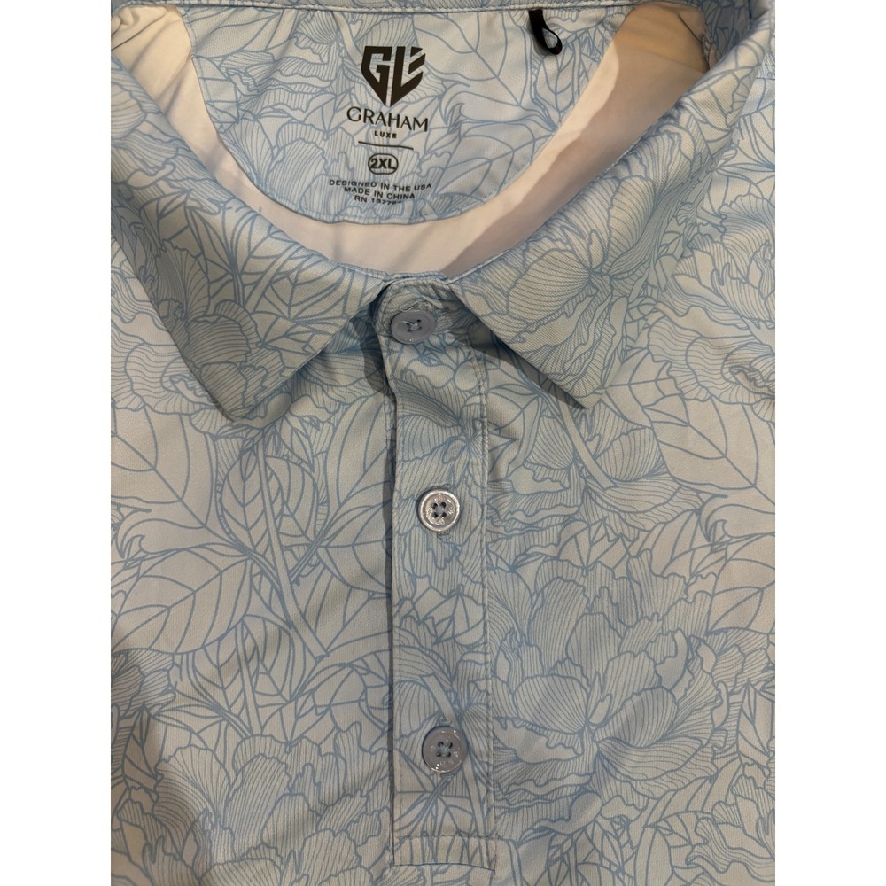 Graham Luxe Mens 2XL Golf Polo Shirt Blue White Floral Leaf Print Performance